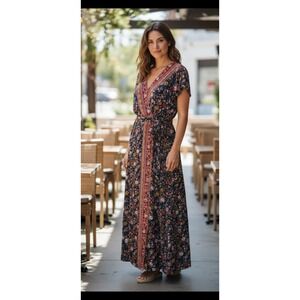 Floral Wrap Maxi Dress L Short Sleeve Boho Cottagecore Hippie Peasant Festival